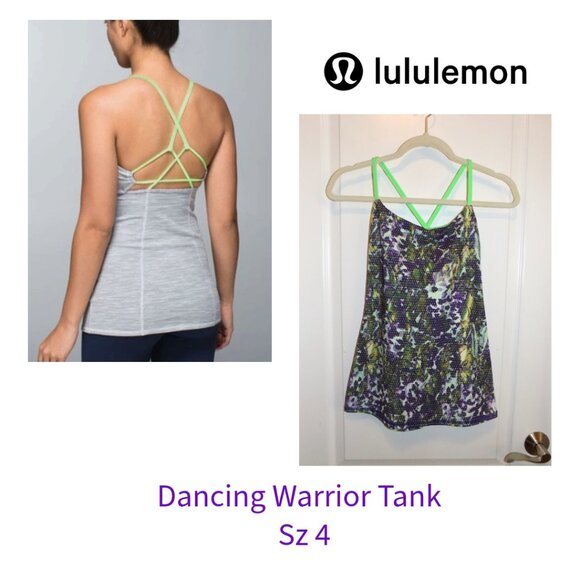 LULULEMON Dancing Warrior Tank Bra Sz 4 Purple Green Strappy Back Fitted VTG - Picture 1 of 6
